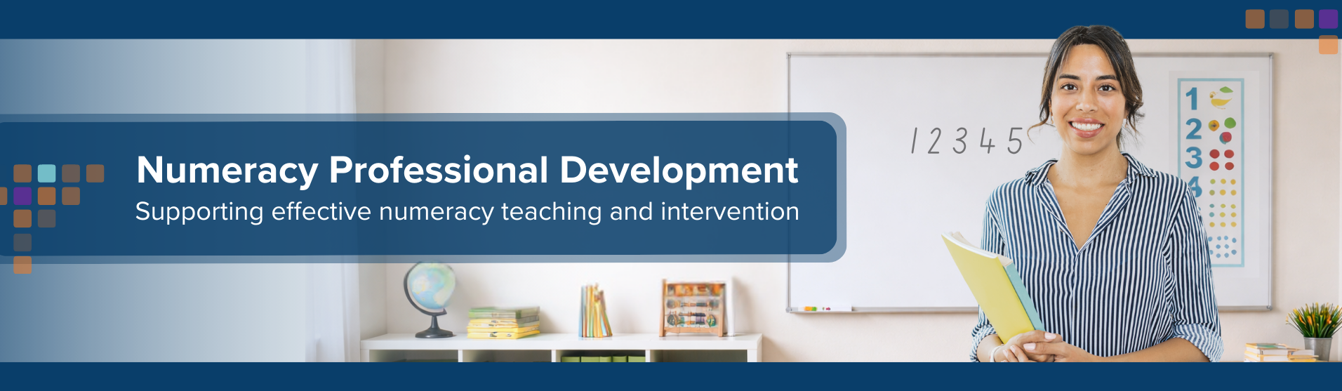 Woman holding a book in a classroom with educational posters on the wall, promoting numeracy professional development.
